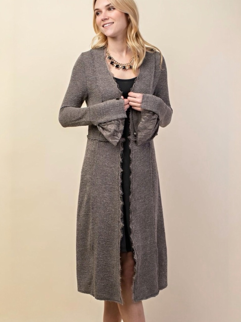 VOCAL • Studded Lace Cardigan in Stone